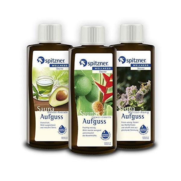 Lot Infusion pour sauna Force verte: „ Thé vert-avocat “ / „ Gingembre-Citron vert “ / „ Mélisse-Miel “ 3x190 ml de Spitzne