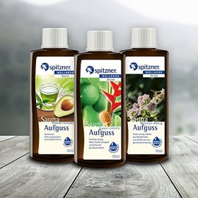 Lot Infusion pour sauna Force verte: „&nbsp;Thé vert-avocat&nbsp;“ / „&nbsp;Gingembre-Citron vert&nbsp;“ / „&nbsp;Mélisse-Miel&nbsp;“ 3x190 ml de Spitzne