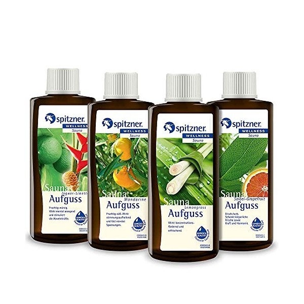 Spitzner Infusion pour sauna Coup de fraîcheur : Citronnelle, Mandarine, Gingembre-Citron vert et Sauge-Pamplemousse 4x190ml