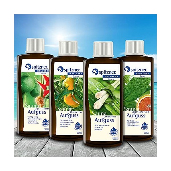 Spitzner Infusion pour sauna Coup de fraîcheur : Citronnelle, Mandarine, Gingembre-Citron vert et Sauge-Pamplemousse 4x190ml