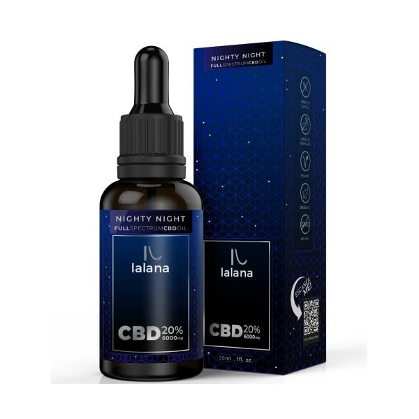 Lalana Oil® CBD 20% Mélatonin Pour la nuit, 30ml 6.000 mg Formule améliorée: Huile CBD à spectre complet. Huile dolive, TCM 