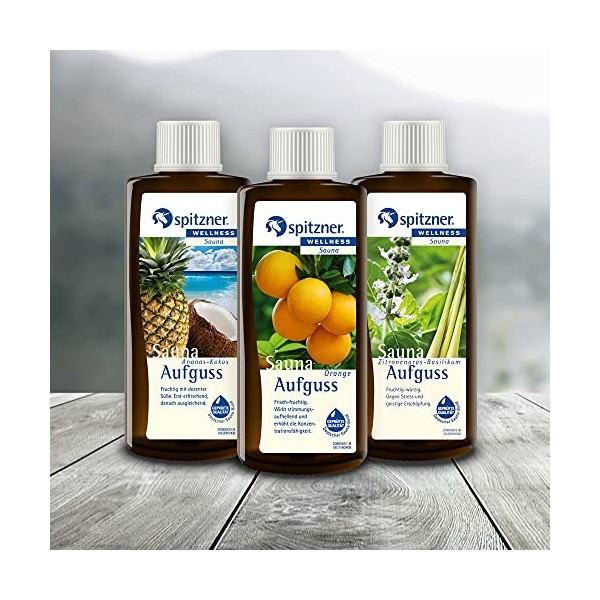 Lot Infusion pour sauna Émotion: „ Ananas-Coco “ / „ Orange “ / „ Citronnelle-Basilic “ 3x190 ml de Spitzner