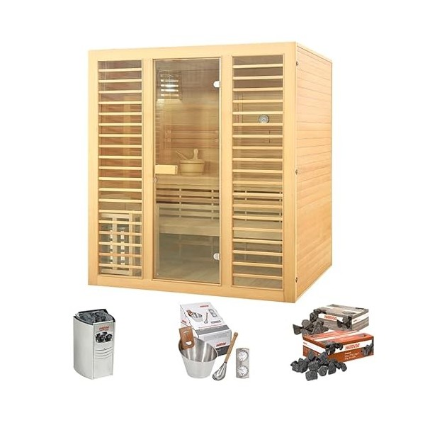 Holls Sauna Neptune 4 Places Poêle électrique Harvia Vega 6 KW + Pack Accessoires Premium pour Sauna Traditionnel Seau & Lou