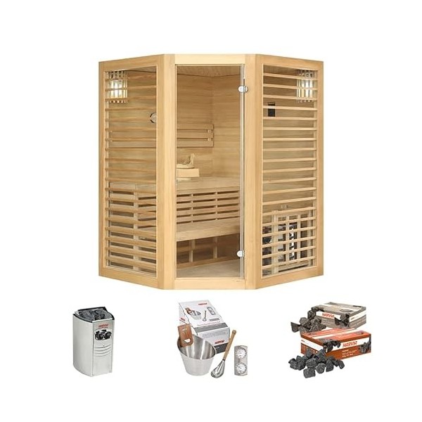 Holls Sauna Neptune 3/4 Places Poêle électrique Harvia Vega 4,5 KW + Pack Accessoires Premium pour Sauna Traditionnel Seau &