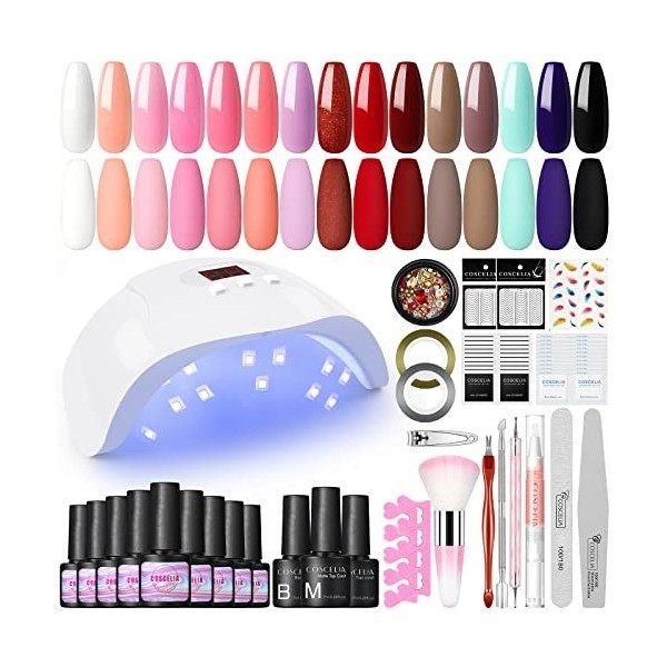 COSCELIA kit verni semi permanent 15 couleurs et lampe LED 36W sèche-ongles UV avec Top Coat Base Coat Mat , Rose Blanc Trans