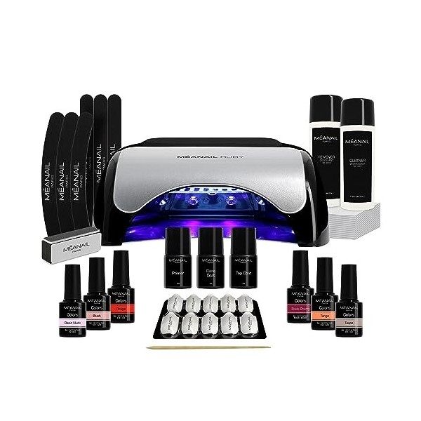 MEANAIL Paris - Kit manucure - Complet - Vernis semi permanent - Lampe 48W LED - 6 Vernis à Ongles - 1 Base Coat - 1 Top Coat