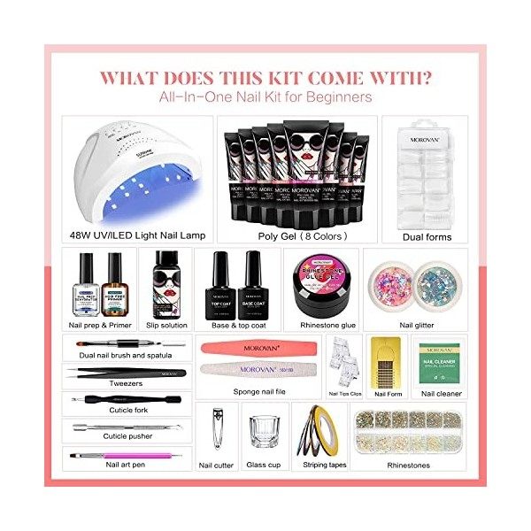 Morovan kit Ongles Gel UV Complet - Poly Gel Kit Lampe UV Ongles Gel et Vernis Semi Permanent Extension Ongles 8 Pcs Avec Aut