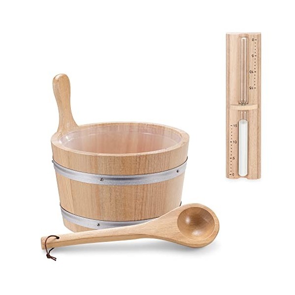 Navaris Accessoire de sauna - Set avec seau 5L et louche en bois sablier minuteur hammam spa sauna - Kit daccessoires en boi