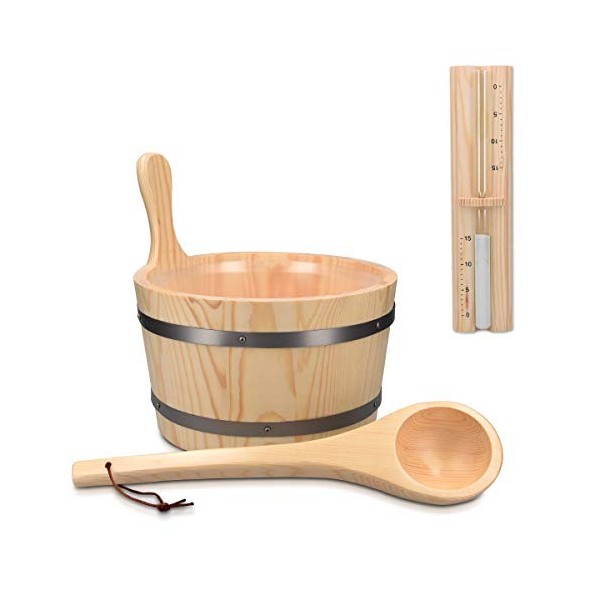 Navaris Accessoire de sauna - Set avec seau 5L et louche en bois sablier minuteur hammam spa sauna - Kit daccessoires en boi