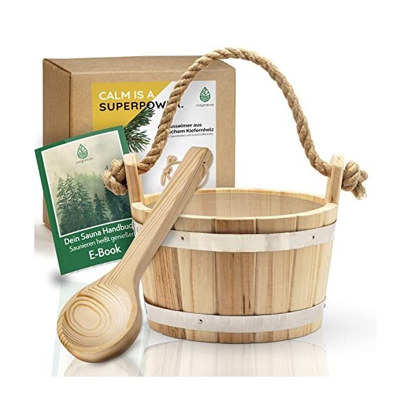 CozyNature Seau pour sauna avec louche en pin finlandais de haute qualité | anneaux métalliques, corde de chanvre et insert e