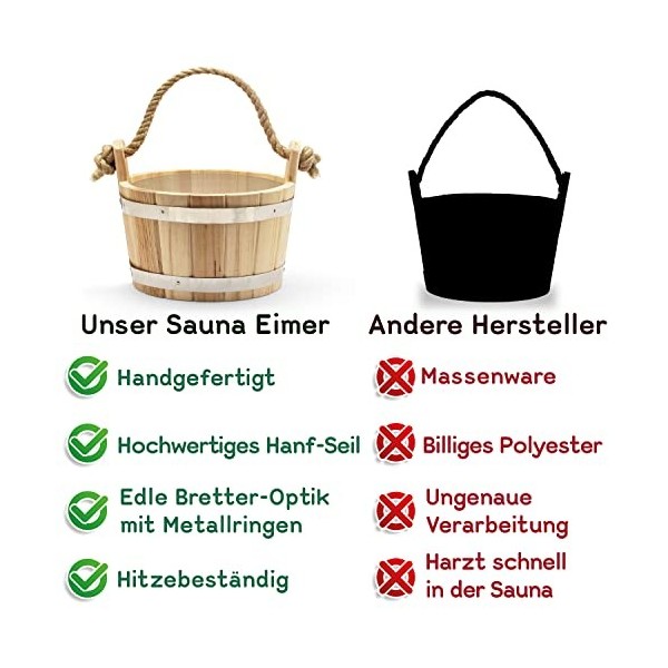 CozyNature Seau pour sauna avec louche en pin finlandais de haute qualité | anneaux métalliques, corde de chanvre et insert e