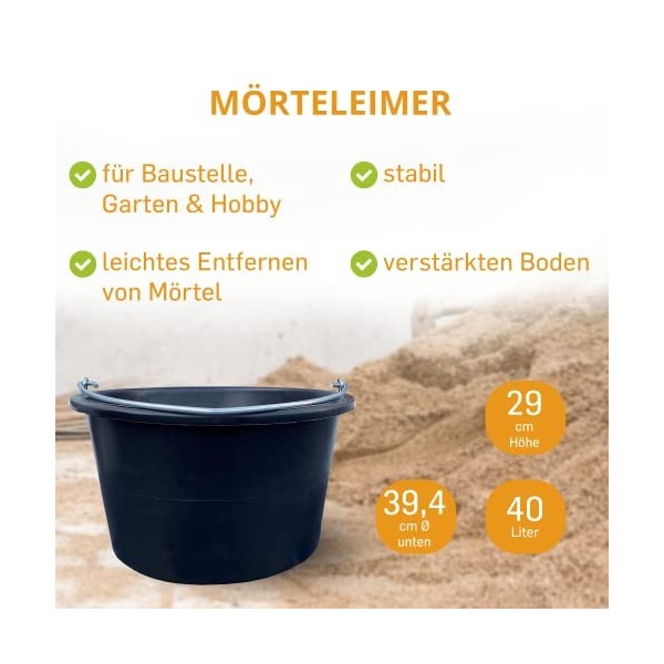Lot de 5 seaux à mortier grutables de 40 l avec anse extrêmement solide Noir Seaux de chantier Seaux à ciment