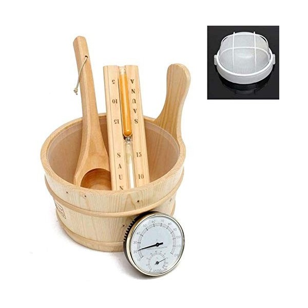 HTYG 5-pièce Classique Sauna Ensemble-Sauna Seau-Tonneau en Bois Cuillère Sablier Thermomètre Lumière-Sauna Ensemble Fait À p