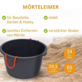 Lot de 5 seaux à mortier grutables de 65&nbsp;l avec anses extrêmement solides Noir Seaux de chantier Seaux à ciment