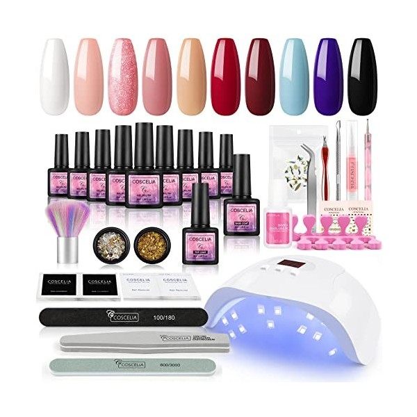 COSCELIA Kit Vernis Semi Permanent 10PC Gels, 36W Lampe U V/LED Vernis Ongle Gel UV Top et Base Coat Gel Kit Semi Permanent C