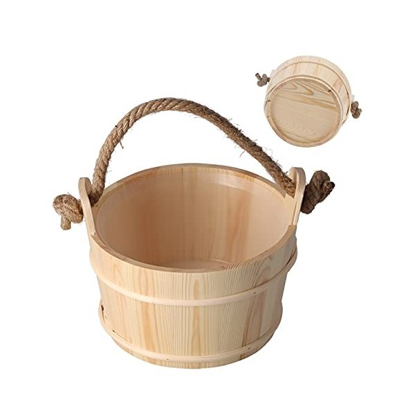 Seau de Sauna, Accessoires de Sauna en Bois, Baril de Sauna avec Poignée en Corde et Seau de Doublure en Plastique, Seau dea