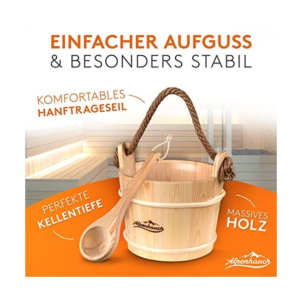 ALPENHAUCH Seau de sauna avec truelle [100 % bois naturel] – Seau de sauna élégant avec corde de transport confortable en cha