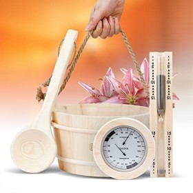 BAGHIRA Seau de sauna - Accessoires de sauna en bois de pin naturel - Seau de sauna avec truelle, sablier, thermo-hygromètre