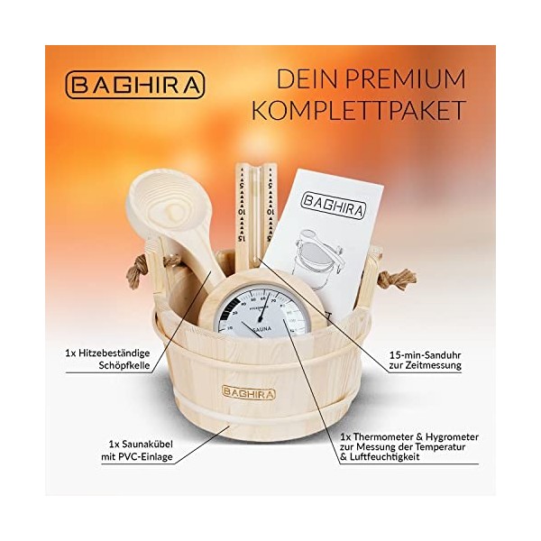 BAGHIRA Seau de sauna - Accessoires de sauna en bois de pin naturel - Seau de sauna avec truelle, sablier, thermo-hygromètre