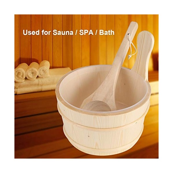 Garosa Kit Seau et Louche Bois pour Sauna Spa avec Revêtement Plastique Accessoire de Sauna Forme de Pin Blanc Surface Lisse