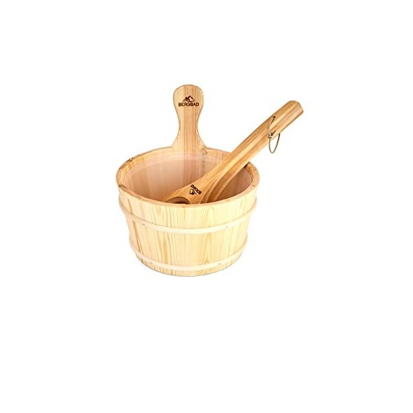 BERGBAD Seau de sauna avec louche de 2,5 l | Seau de sauna en bois naturel | Accessoires de sauna de qualité supérieure avec 