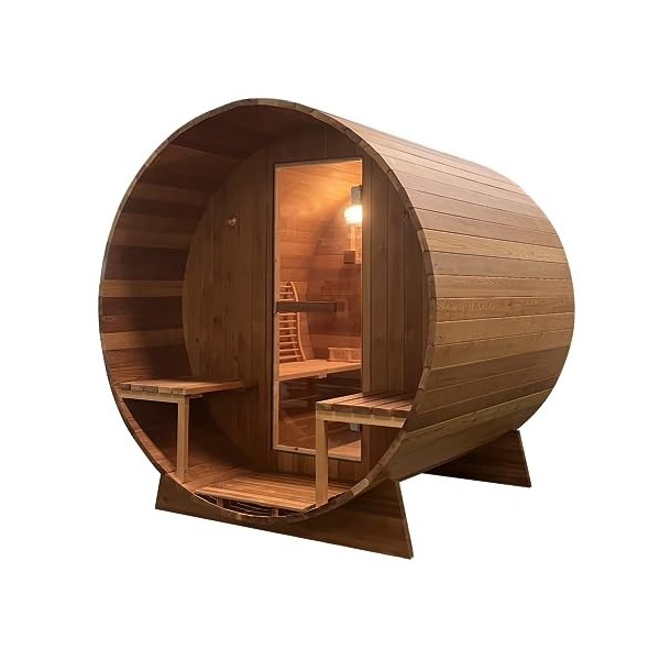 Bergen - Sauna tonneau dextérieur avec pierres et seau avec louche, thermomètre et sablier - Dimensions : 180 x 180 x 188 cm
