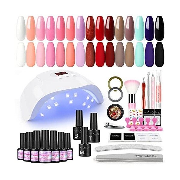 COSCELIA Kit manucure Complet Vernis semi permanent Lampe 24W UV LED 10 Vernis à Ongles Base Top Coat, Kit Complet Manucure O