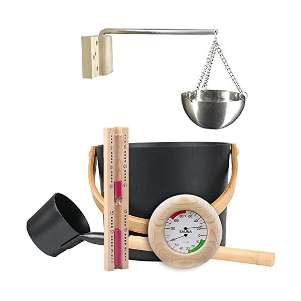 Ensemble daccessoires de Sauna 5 pièces, Seau de Sauna avec cuillère, Seau de Sauna de 7 L avec cuillère/sablier/thermomètre