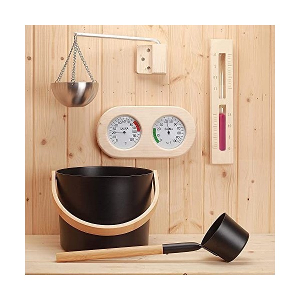 Seau de Sauna avec cuillère, Ensemble daccessoires de Sauna avec cuillère, sablier, thermomètre, hygromètre, Ensemble de Tas