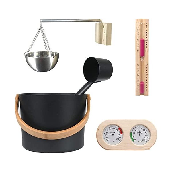Seau de Sauna avec cuillère, Ensemble daccessoires de Sauna avec cuillère, sablier, thermomètre, hygromètre, Ensemble de Tas