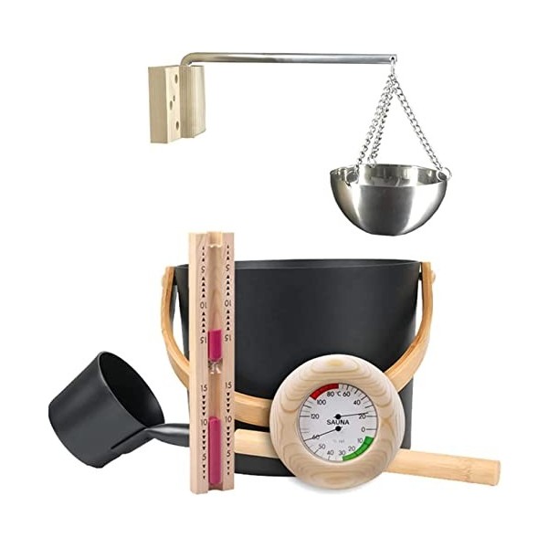 Samnuerly Ensemble daccessoires de Sauna Seau de Sauna Noir avec louche, thermomètre de Sauna, sablier pour Sauna, Accessoir