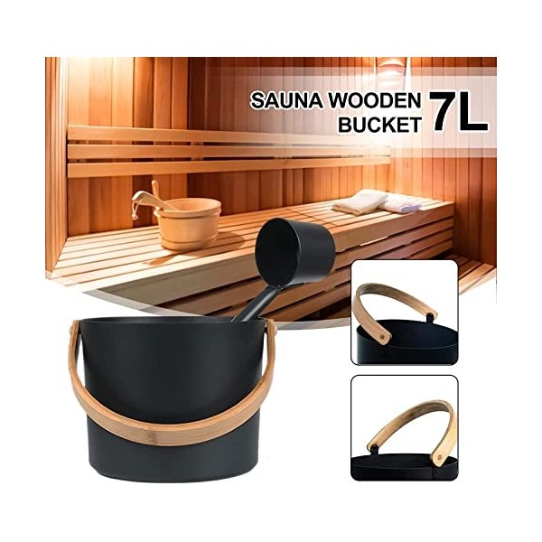 Samnuerly Ensemble daccessoires de Sauna Seau de Sauna Noir avec louche, thermomètre de Sauna, sablier pour Sauna, Accessoir