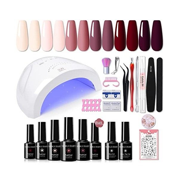 Kit Ongle Manucure Gel U V Complet - Nicole Diary 48W Lampe U V Ongles Gel Kit Vernis Semi Permanent avec 6 Couleur Nude Roug