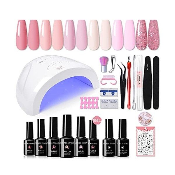 Kit Ongle Manucure Gel U V Complet - Nicole Diary 48W Lampe U V Ongles Gel Kit Vernis Semi Permanent avec 6 Couleur Nude Roug