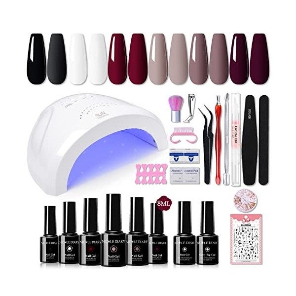 Kit Ongle Manucure Gel U V Complet - Nicole Diary 48W Lampe U V Ongles Gel Kit Vernis Semi Permanent avec 6 Couleur Nude Roug