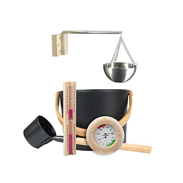 Ensemble de Seau de Sauna 7 L Seau de Sauna avec louche Seau de Sauna Accessoires Essentiels pour Spa Thermomètre Hygromètre 