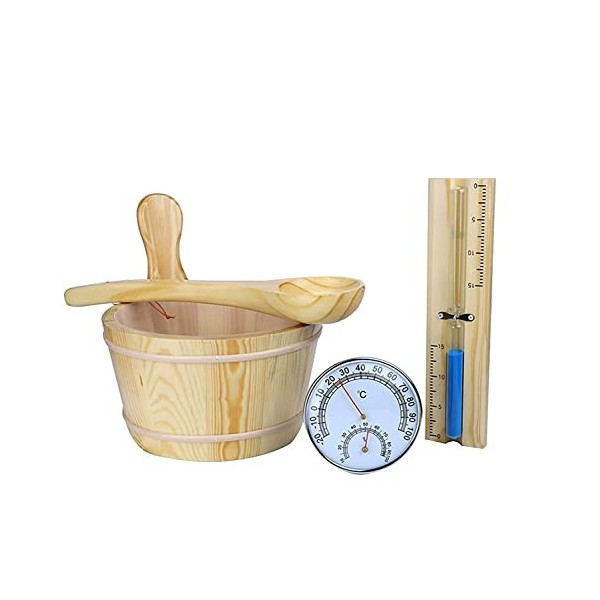 Ensemble daccessoires de sauna 5 pièces Premium avec seau de sauna en bois de conifère, louche de sauna, jauge de climat rec