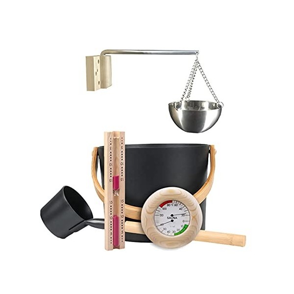 Ensemble daccessoires de Sauna Seau de Sauna Noir avec louche, thermomètre de Sauna, sablier pour Sauna, Accessoires de Spa 