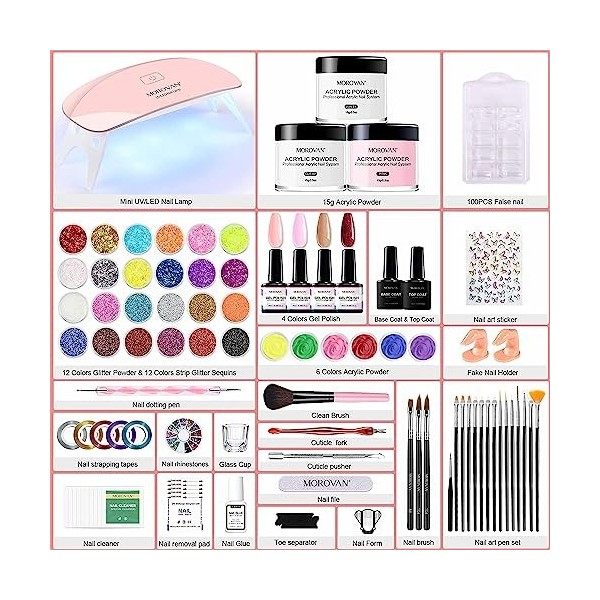 Kit Acrylique Ongles Morovan Avec Tout Inclus - Kit Ongle Acrylique Complet En Gel Avec Lampe Uv 6w, Poudre Acrylique Pour On