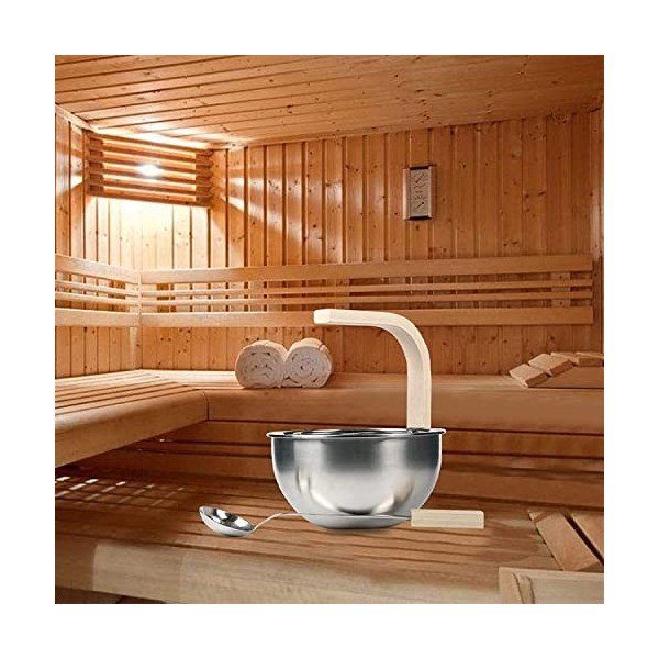 Samnuerly Seau de Sauna en Acier Inoxydable 4L avec louche, Seau de Sauna en Acier Inoxydable avec Manche en Bois dépicéa, A