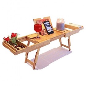 Tokyia Baignoire Rack avec Pieds en Bambou télescopique antidérapante étanche Bain téléphone Portable Rack Wine Rack Plateau 