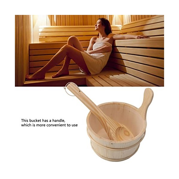 Qcwwy Ensemble de Louche de Seau de Sauna en Bois 4L Accessoires de Sauna avec Revêtement en Plastique pour Piscine Spa Seau 