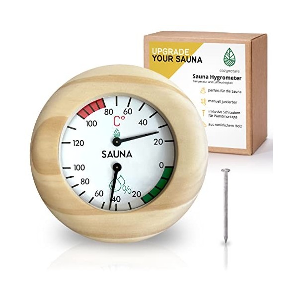 CozyNature Sauna Klimamesser | Hygromètre pour Sauna | Thermomètre pour Sauna | réglable manuellement | 2en1 Mesureur de temp