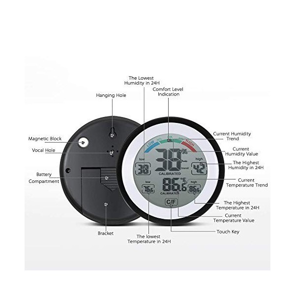 Jiguoor Thermomètre numérique multifonctionnel, hygromètre, affichage de la tendance de lhumidité de la température Meter-Ma