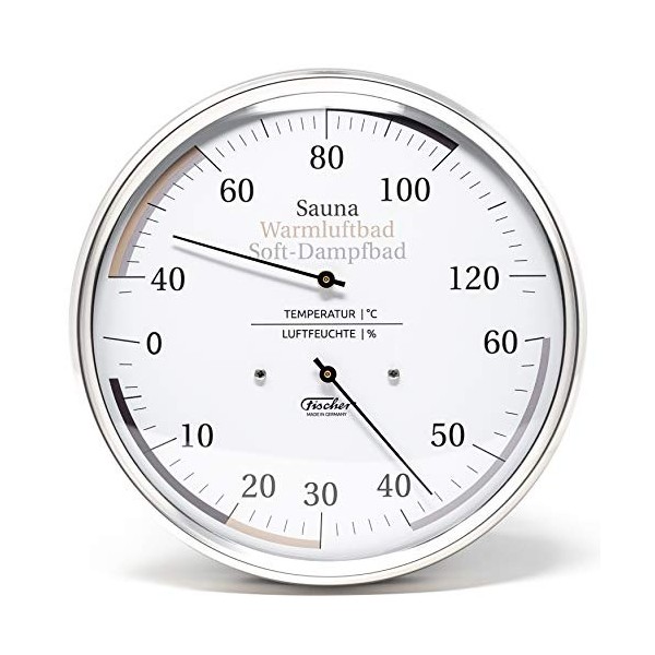 Fischer 185.01 Sauna Thermohygromètre universel – 160 mm pour cheveux et thermomètre bimétallique en acier inoxydable fabriqu