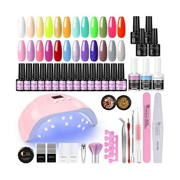 COSCELIA Kit Vernis Semi Permanent 24 Couleurs Vernis à Ongles Lot avec 36W Lampe UV LED Soak Off Base et Top Coat vernis Str