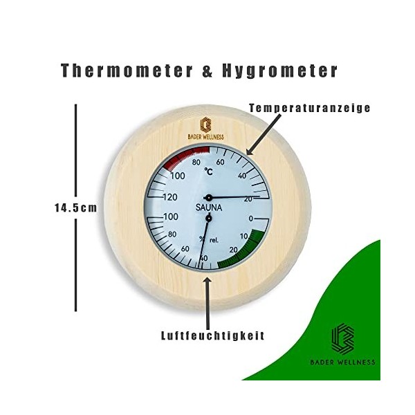 Bader Wellness® Thermomètre et hygromètre 2 en 1, dans un cadre en bois, Ø 145 mm, résistant à la chaleur, avec thermomètre +