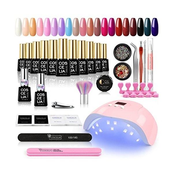 COSCELIA Kit Vernis Semi Permanent 24 Couleurs Vernis à Ongles Lot avec 36W Lampe UV LED Soak Off Base et Top Coat vernis Str