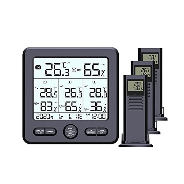 GUBAOPQLA Station Météo sans Fil avec 3 Capteurs Extérieurs Thermomètre Hygromètre Numérique Intérieur/Extérieur avec Étalonn