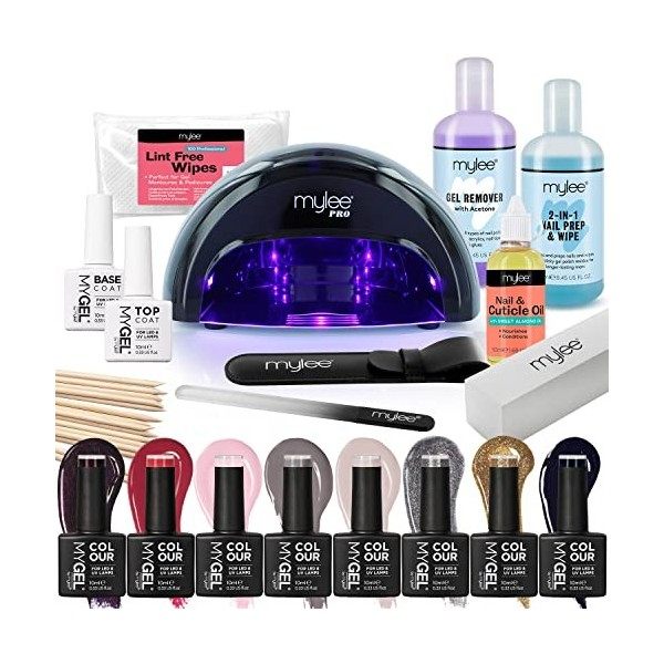 Mylee Kit de Manucure Complet, Vernis à Ongles Gel 8 Couleurs MYGEL, Base et Top coat, Lampe LED Convexe de Séchage, Préparat